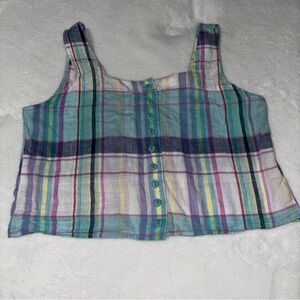Vintage You Babes Pastel Plaid Cropped Button Down Tank Top Size Medium